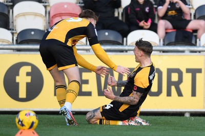 081125 - Newport County v Walsall - Sky Bet League 2 - Kai Whitmore of Newport County celebrates scoring a goal with team mates