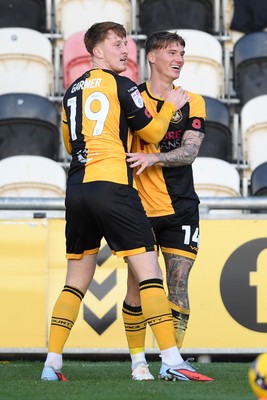 081125 - Newport County v Walsall - Sky Bet League 2 - Kai Whitmore of Newport County celebrates scoring a goal with team mates