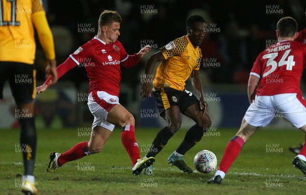 110220 - Newport County v Walsall - SkyBet League Two - Ryan Haynes of Newport County is tackled by Cameron Pring of Walsall