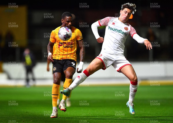 201023 - Newport County v Walsall - EFL SkyBet League 2 - Omar Bogle of Newport County is tackled by Isaac Hutchinson of Walsall
