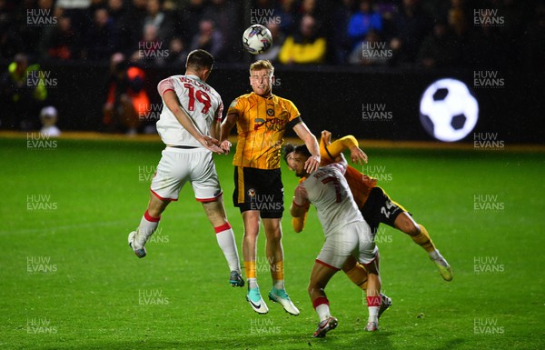 201023 - Newport County v Walsall - EFL SkyBet League 2 - Will Evans of Newport County heads a shot at goal