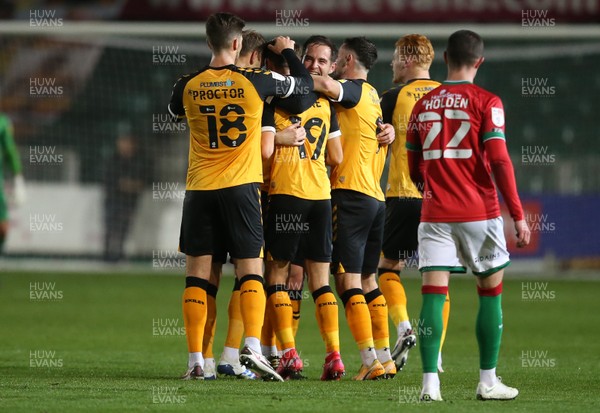 241120 - Newport County v Walsall - SkyBet League Two - Scott Twine of Newport County celebrates scoring a goal with team mates