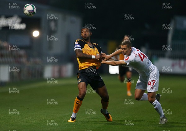 220920 - Newport County v Watford - Carabao Cup - Joss Labadie of Newport County is challenged by Toby Stevenson of Watford