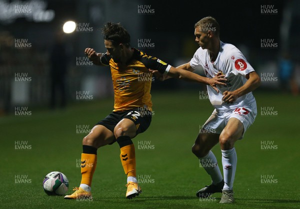 220920 - Newport County v Watford - Carabao Cup - Liam Shephard of Newport County is challenged by Toby Stevenson of Watford