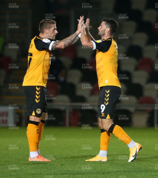 220920 - Newport County v Watford - Carabao Cup - Padraig Amond of Newport County celebrates scoring a goal with Scot Bennett