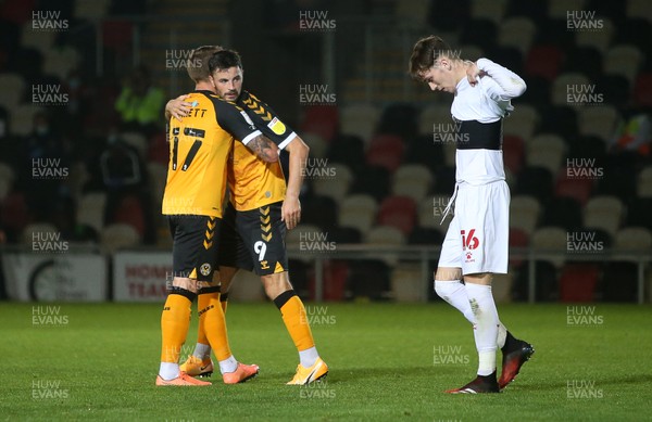 220920 - Newport County v Watford - Carabao Cup - Padraig Amond of Newport County celebrates scoring a goal with Scot Bennett