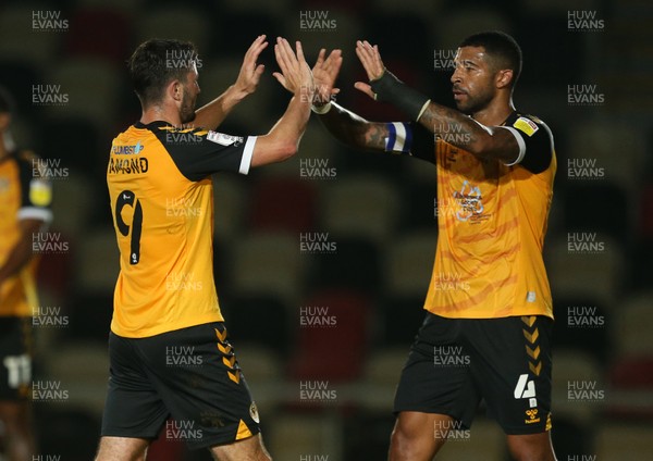 220920 - Newport County v Watford - Carabao Cup - Padraig Amond of Newport County celebrates scoring a goal with Joss Labadie
