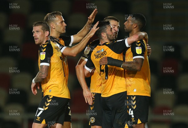220920 - Newport County v Watford - Carabao Cup - Padraig Amond of Newport County celebrates scoring a goal with Joss Labadie and team mates