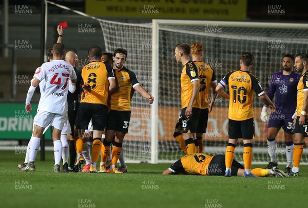 220920 - Newport County v Watford - Carabao Cup - Stipe Perica of Watford is shown a red card from referee Charles Breakspear for his tackle on Brandon Cooper of Newport County