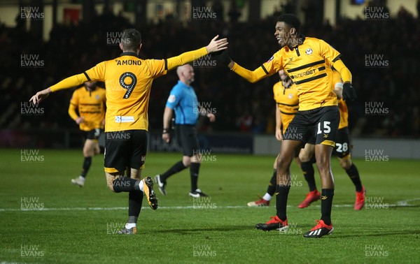 111218 - Newport County v Wrexham AFC - FA Cup Second Round Replay - Padraig Amond of Newport County celebrates scoring a goal with Tyreeq Bakinson