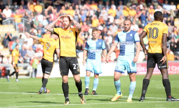 090917 - Newport County v Wycombe Wanderers - SkyBet League 2 - Sean Rigg of Newport County shows his disappointment at a missed shot at goal