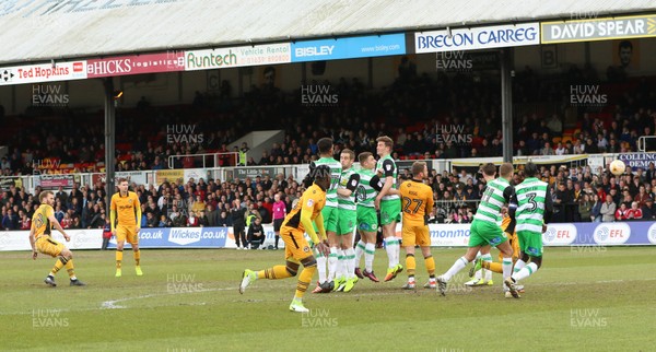 140417 - Newport County v Yeovil Town, Sky Bet League 2 - Mickey Demetriou of Newport County scores goal from the free kick