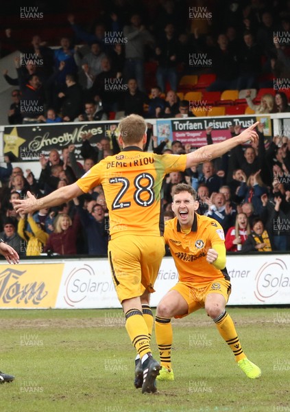 140417 - Newport County v Yeovil Town, Sky Bet League 2 - Mickey Demetriou of Newport County celebrates with Mark Randall of Newport County after scoring goal from a free kick