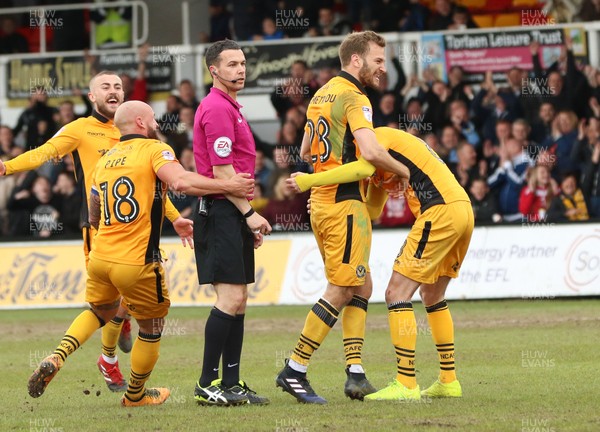 140417 - Newport County v Yeovil Town, Sky Bet League 2 - Mickey Demetriou of Newport County celebrates with team mates after scoring goal