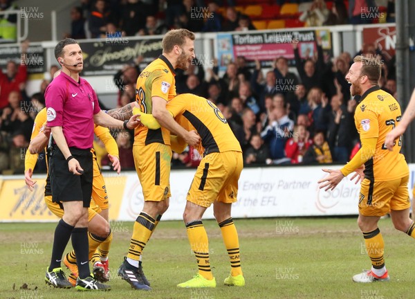 140417 - Newport County v Yeovil Town, Sky Bet League 2 - Mickey Demetriou of Newport County celebrates with team mates after scoring goal