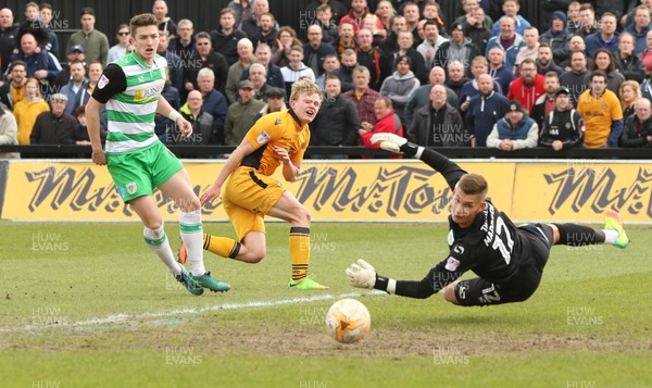 140417 - Newport County v Yeovil Town, Sky Bet League 2 - Alex Samuel of Newport County beats Yeovil goalkeeper John Maddison as he fires a shot at goal, only for the shot to go wide