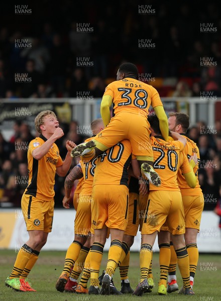 140417 - Newport County v Yeovil Town, Sky Bet League 2 - Newport County players celebrate after Mickey Demetriou of Newport County scores goal