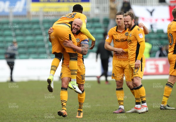 140417 - Newport County v Yeovil Town, Sky Bet League 2 - David Pipe captain of Newport County celebrates with team mates at the end of the match