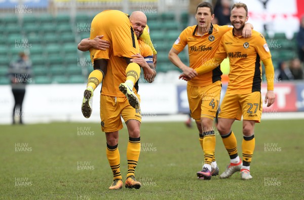 140417 - Newport County v Yeovil Town, Sky Bet League 2 - David Pipe captain of Newport County celebrates with team mates at the end of the match