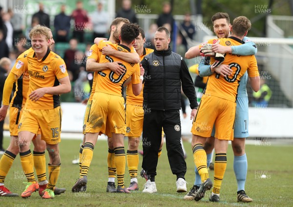 140417 - Newport County v Yeovil Town, Sky Bet League 2 - Newport County caretaker manager Mike Flynn with his players as they celebrate at the end of the match