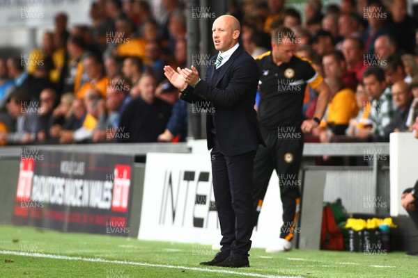 150918 Newport County v Yeovil Town - Sky Bet League 2 -  Manager of Yeovil Town Darren Way congratulates his side at half time