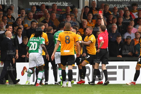 150918 Newport County v Yeovil Town - Sky Bet League 2 -  Robbie Willmott (7) of Newport County is sent off by referee Peter Wright