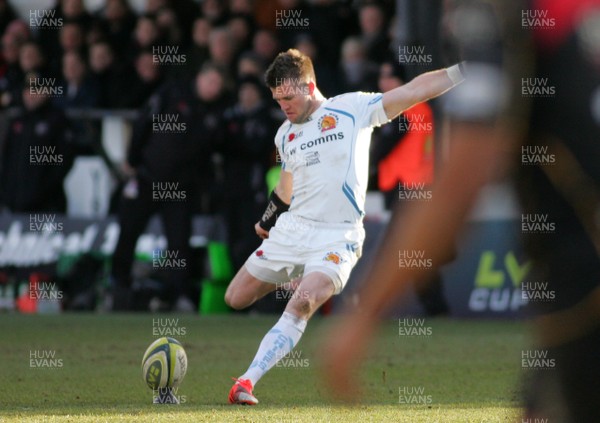 010215 - Newport Gwent Dragons v Exeter Chiefs - LV=Cup -Ceri Sweeney of Exeter Chiefs kicks a goal