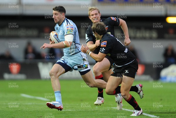 150912 - Newport-Gwent Dragons v Cardiff Blues - RaboDirect PRO12 -Alex Cuthbert of Cardiff Blues tries to get past Steffan Jones of Newport-Gwent Dragons