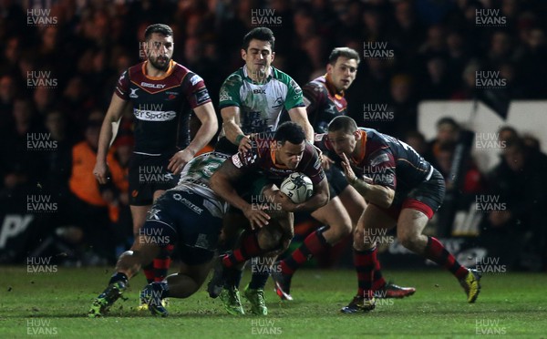 110216 - Newport Gwent Dragons v Connacht - Guinness PRO12 - Ashton Hewitt of Newport Gwent Dragons is tackled by Bundee Aki and Tiernan O'Halloran of Connacht