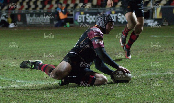 110216 - Newport Gwent Dragons v Connacht, Guinness PRO12 - Adam Hughes of Newport Gwent Dragons dives in to score try