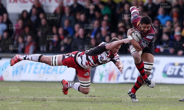 270316 - Newport Gwent Dragons v Edinburgh - Guinness PRO12 - Taulupe Faletau of Newport Gwent Dragons is tackled by Anton Bresler of Edinburgh