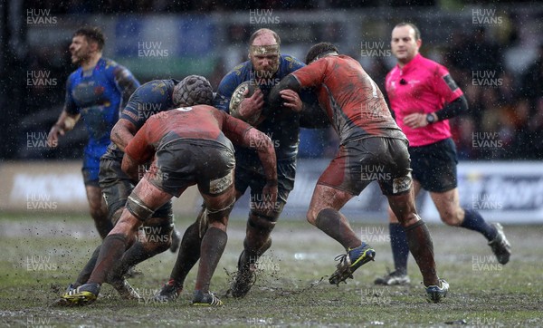 290117 - Newport Gwent Dragons v Newcastle Falcons - Anglo-Welsh Cup - Rynard Landman of Newport Gwent Dragons is tackled by Mark Wilson and Rob Vickers of Newcastle