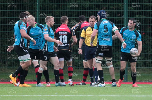 140815 - Newport Gwent Dragons v Nottingham - Pre Season Friendly - Billy Robinson of Notthingham celebrates scoring a try