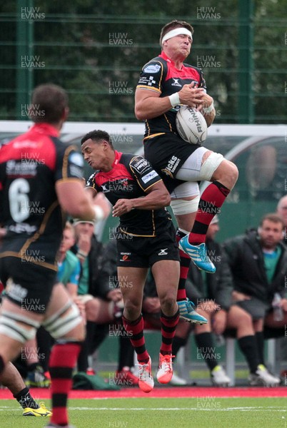 140815 - Newport Gwent Dragons v Nottingham - Pre Season Friendly - Ed Jackson of Newport Gwent Dragons catches the high ball