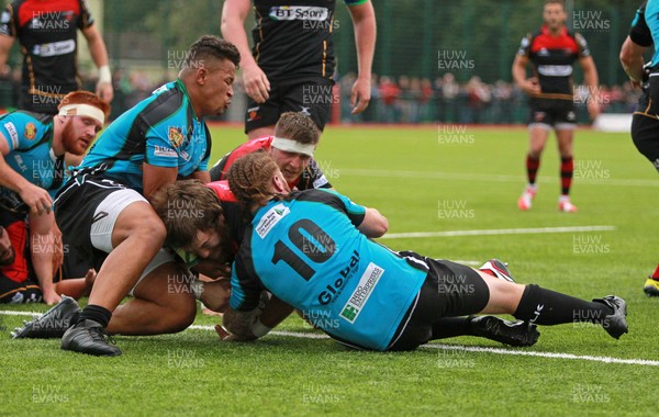 140815 - Newport Gwent Dragons v Nottingham - Pre Season Friendly - Hugh Gustafson of Newport Gwent Dragons pushes over to score a try