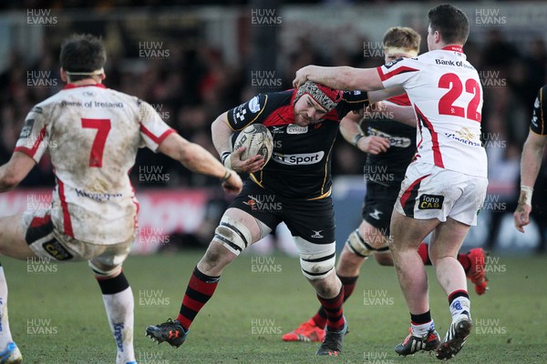 080315 - Newport Gwent Dragons v Ulster - Guinness PRO12 - Scott Matthews of Dragons is tackled by Sam Arnold of Ulster