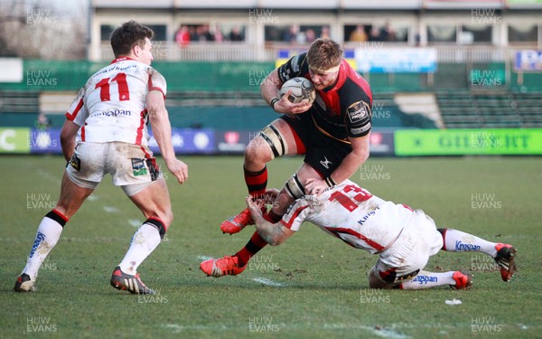 080315 - Newport Gwent Dragons v Ulster - Guinness PRO12 - Andrew Coombs of Dragons is tackled by Darren Cave of Ulster