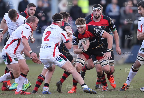 080315 - Newport Gwent Dragons v Ulster, Guinness PRO12 - Dragons' Andrew Coombs takes on Ulster's Rob Herring