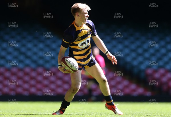 230416 - WRU - Bowl Final - Burry Port v Newport HSOB - Jac Thomas of Newport celebrates scoring a try