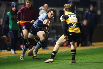 211125 - Newport RFC v Cardiff RFC, Super Rugbi Cymru - Joe Goodchild of Cardiff charges down the wing