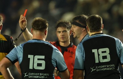 211125 - Newport RFC v Cardiff RFC, Super Rugbi Cymru - Sean Moore of Cardiff, wearing headband, is shown a red card 