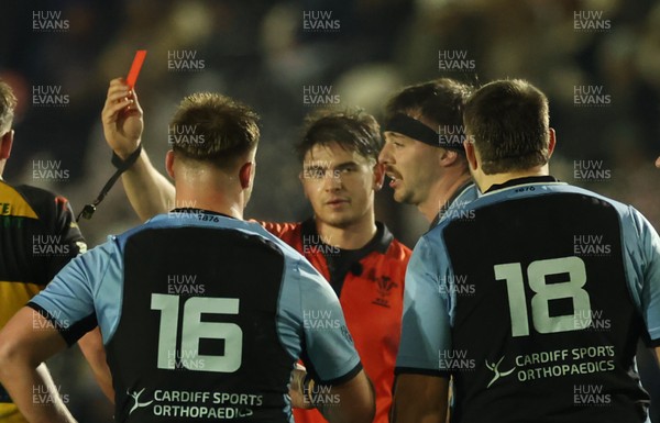 211125 - Newport RFC v Cardiff RFC, Super Rugbi Cymru - Sean Moore of Cardiff, wearing headband, is shown a red card 