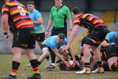 150225 - Newport RFC v Carmarthen Quins - Super Rygbi Cymru (SRC) - Luke Crane of Newport gets the ball away