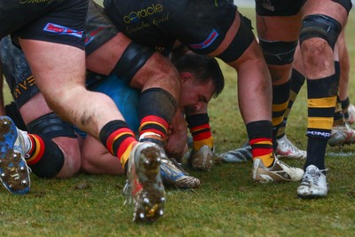 150225 - Newport RFC v Carmarthen Quins - Super Rygbi Cymru (SRC) - Joe Peard of Newport powers over to score a try