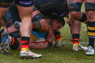 150225 - Newport RFC v Carmarthen Quins - Super Rygbi Cymru (SRC) - Joe Peard of Newport powers over to score a try