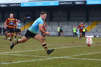 150225 - Newport RFC v Carmarthen Quins - Super Rygbi Cymru (SRC) - Jac Lloyd of Newport chases a chip through to score a try 