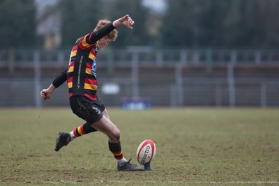 150225 - Newport RFC v Carmarthen Quins - Super Rygbi Cymru (SRC) - Ifan Davies of Carmarthen kicks for goal