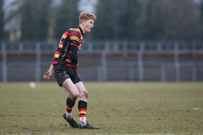 150225 - Newport RFC v Carmarthen Quins - Super Rygbi Cymru (SRC) - Ifan Davies of Carmarthen kicks for goal