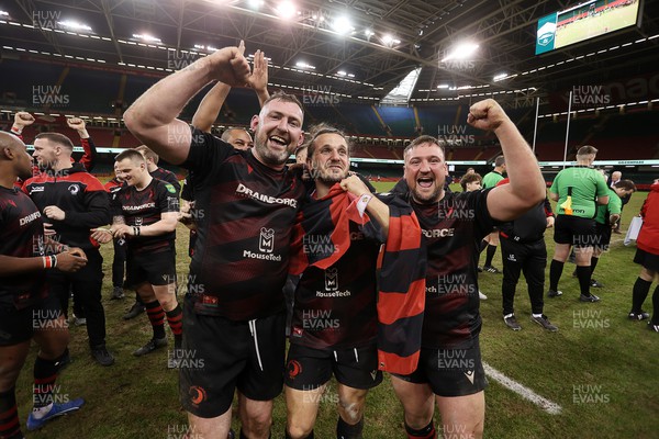 060424 - Newport Saracens v Tonna - Men�s Division 4 Cup Final - Adam Davies, Liam Foley and Dee Lewis of Newport celebrate at full time