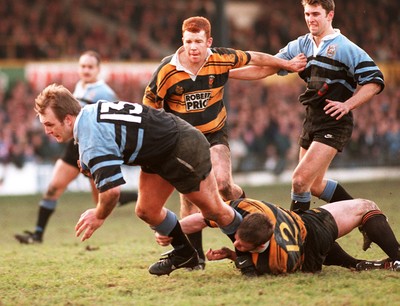 260197 - Newport v Cardiff - Mike Hall of Cardiff breaks past John Colderley to score a try